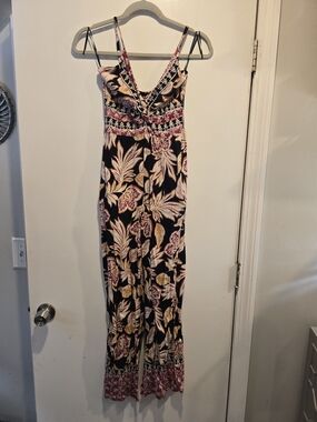Angie Floral V-Neck Jump Suit in Black, Cream & Pink